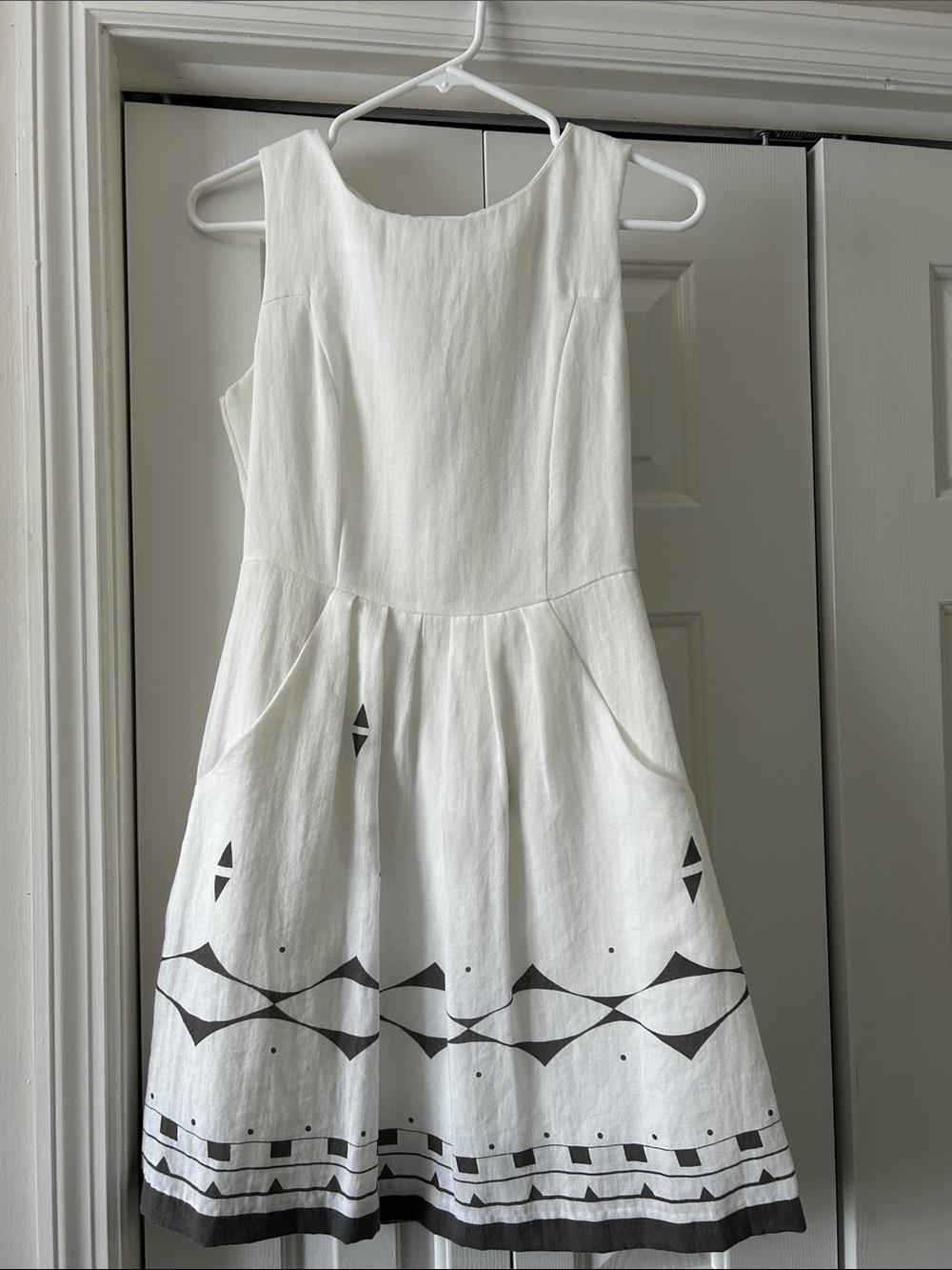 Esley White Sleeveless Dress with Black Geometric Border
